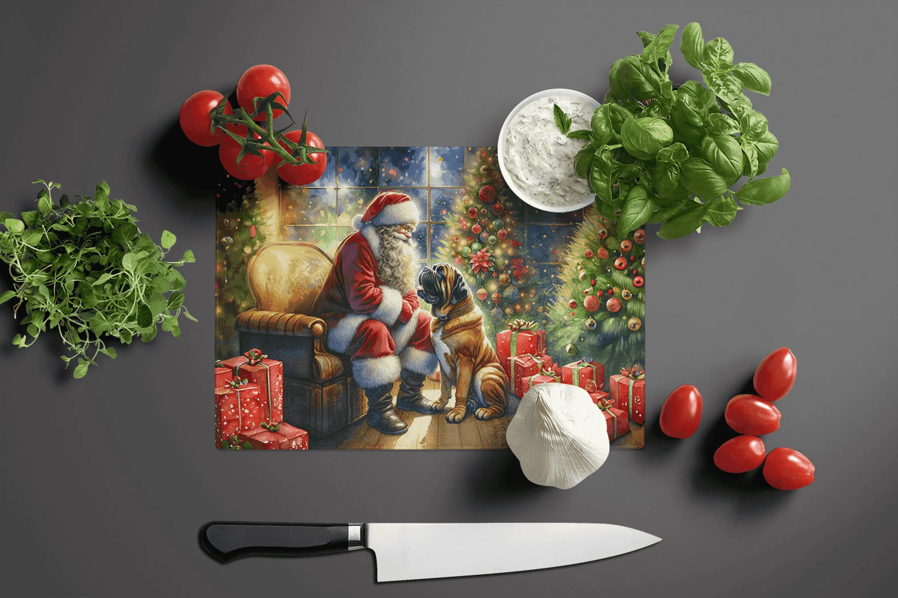 Bullmastiff and Santa Claus Glass Cutting Board Caroline's Treasures