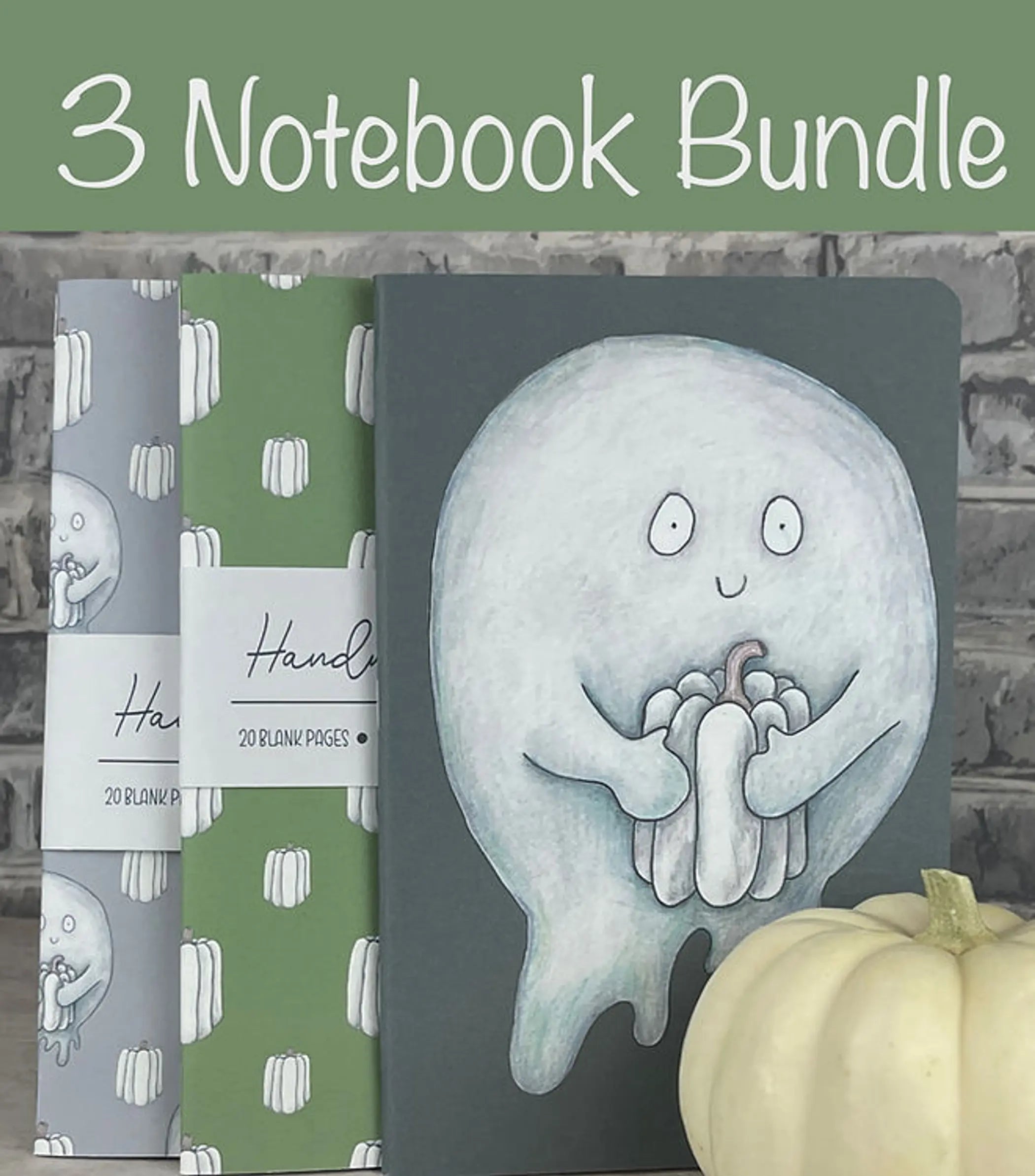 Bundle 2 - Handmade Saddle Bound Notebooks- Pumpkin & Ghosts 3 Notebook Bundle Art by Erica H