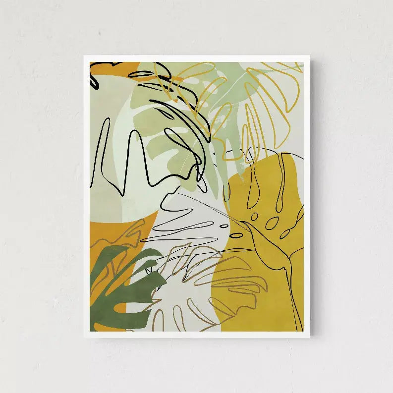 Framed botanical art print featuring green and mustard leaves with abstract line designs on a soft pastel background.