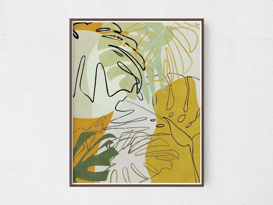 Abstract leaf wall art in green, yellow, and beige tones, framed, modern design for home decor.