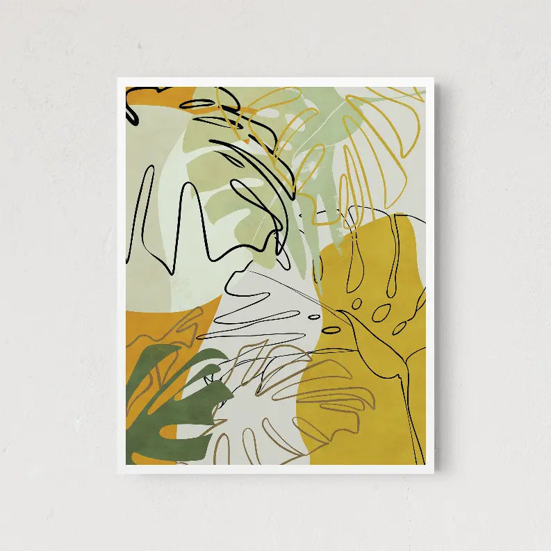 Abstract tropical leaves art print in green, yellow, and beige, featuring minimalist line design on textured background.