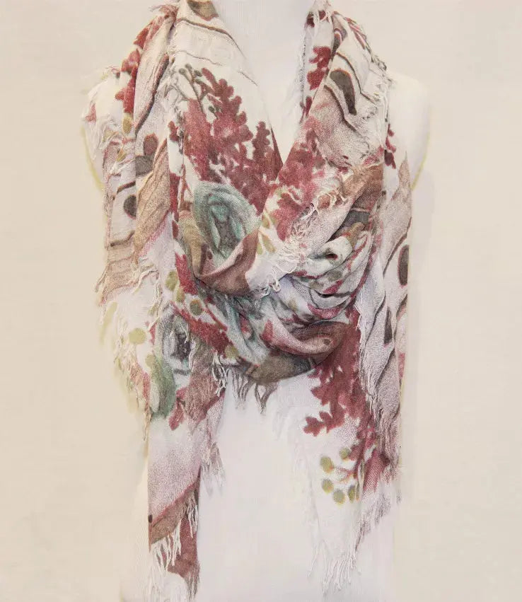 Burgundy Floral Rose & Lavender Fringe-Accent Scarf JC Sunny Fashion