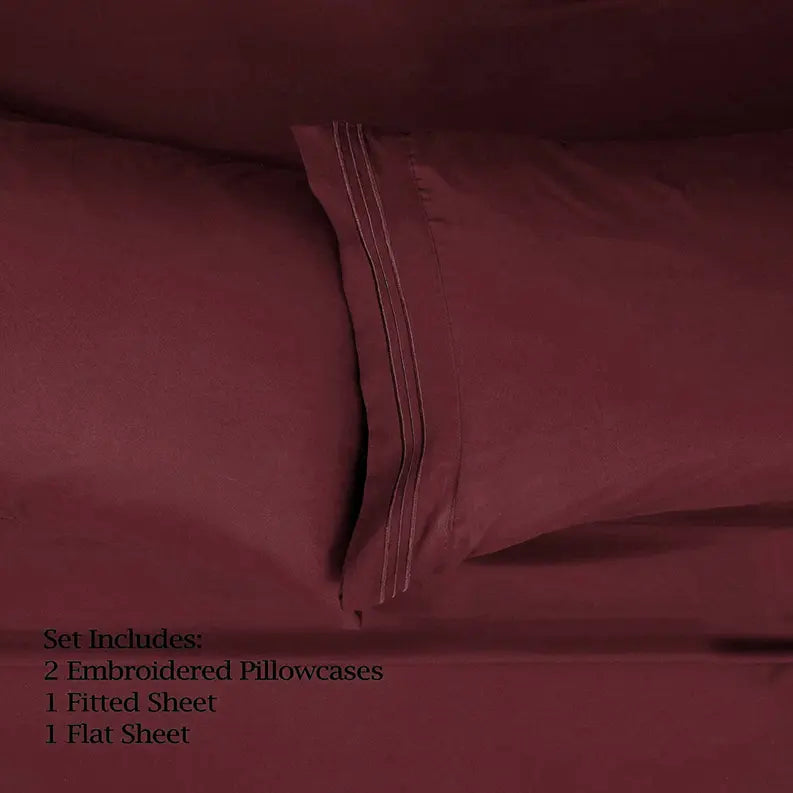Burgundy Red 200 Embroidery Soft Sheet Set Wrinkle Resistant Home Mart Goods