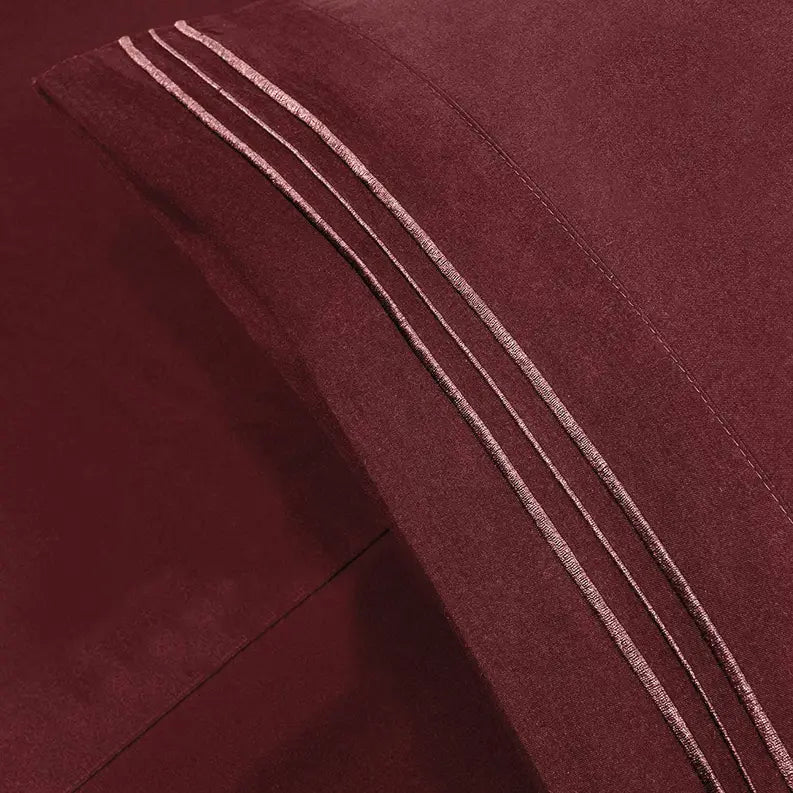 Burgundy Red 200 Embroidery Soft Sheet Set Wrinkle Resistant Home Mart Goods