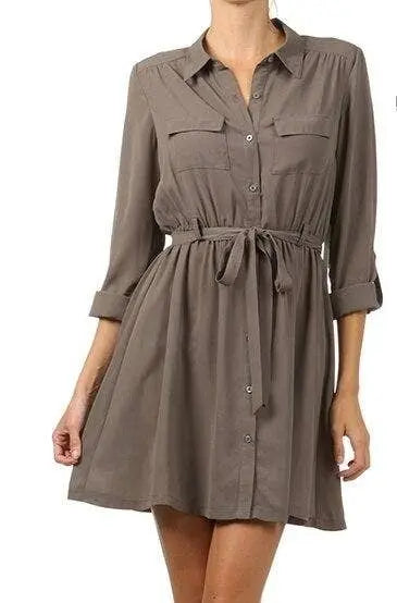 Button Down Dress W/ Front Pockets and Waist Tie SurelyMine