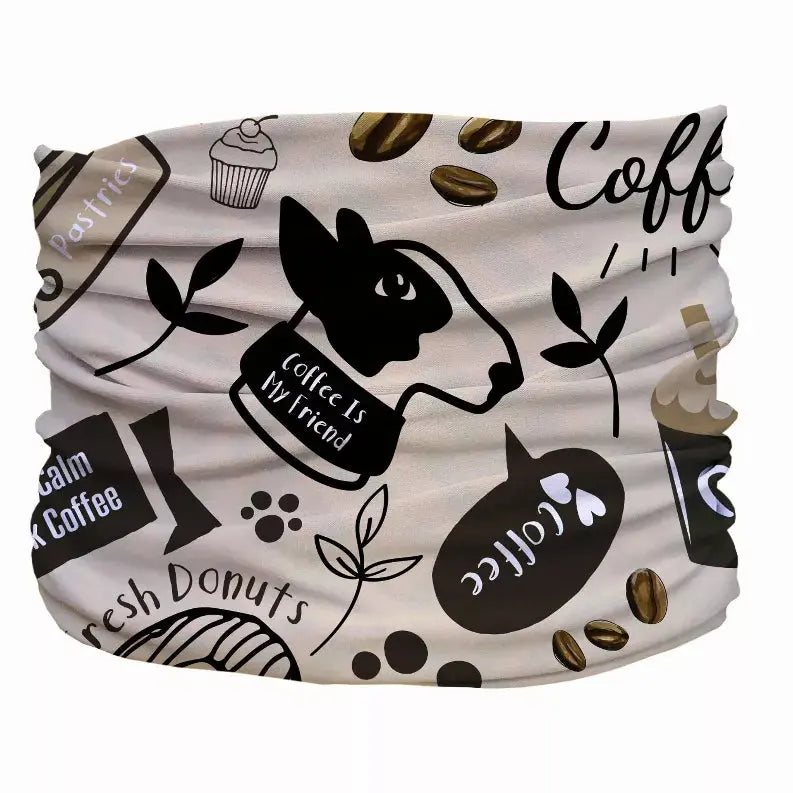 White multifunctional headband featuring coffee-themed graphics, including cows, donuts, and coffee beans in black and brown.