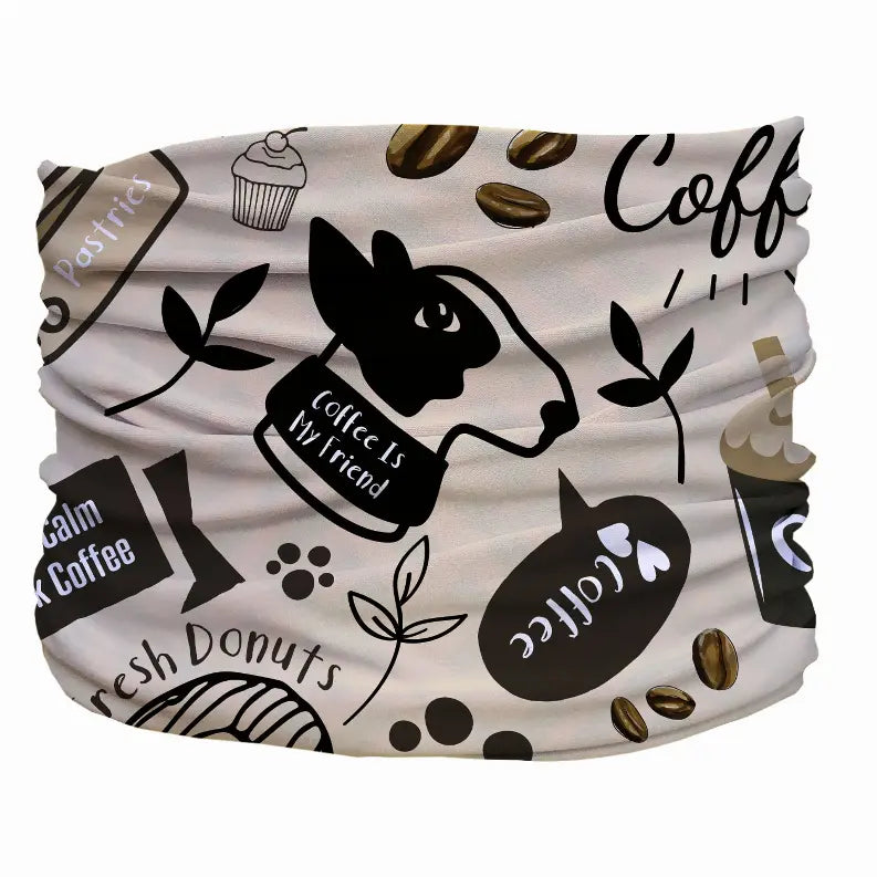 Light beige coffee-themed neck gaiter featuring black graphics of cows, donuts, and coffee beans. Ideal for casual wear.