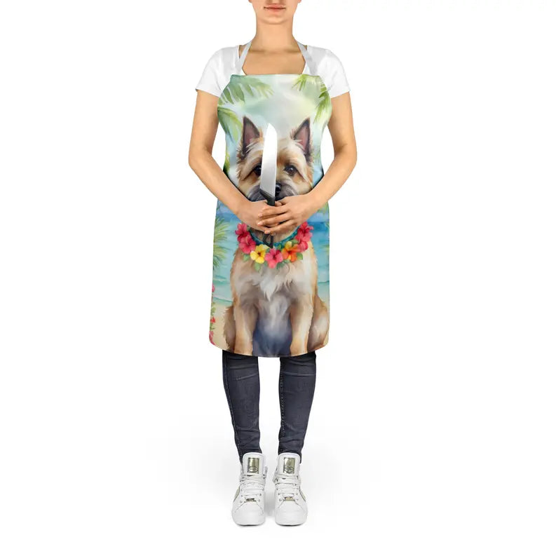 Colorful dog-themed apron with tropical design, featuring a floral lei, perfect for cooking enthusiasts.