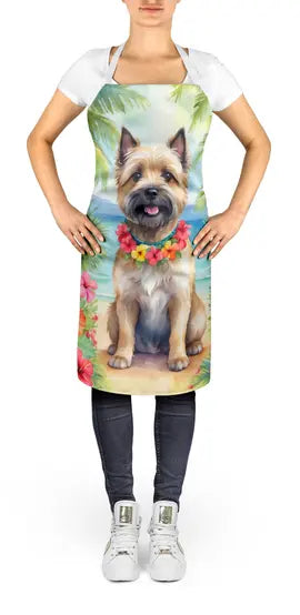 Colorful dog-themed apron featuring a Cairn Terrier in a floral lei, perfect for cooking and baking enthusiasts.