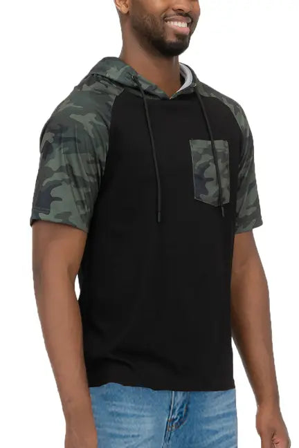 Black short-sleeve hoodie with green camo sleeves and pocket, perfect for casual wear.