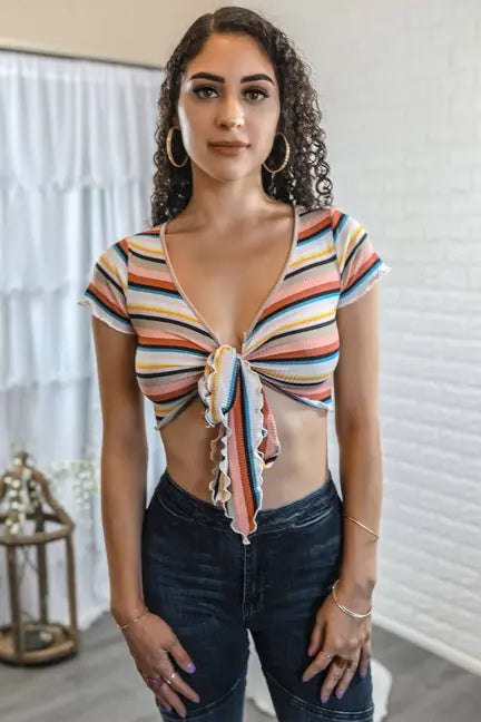 Candice Multi Color Front Tie Wrap Cropped Top SurelyMine