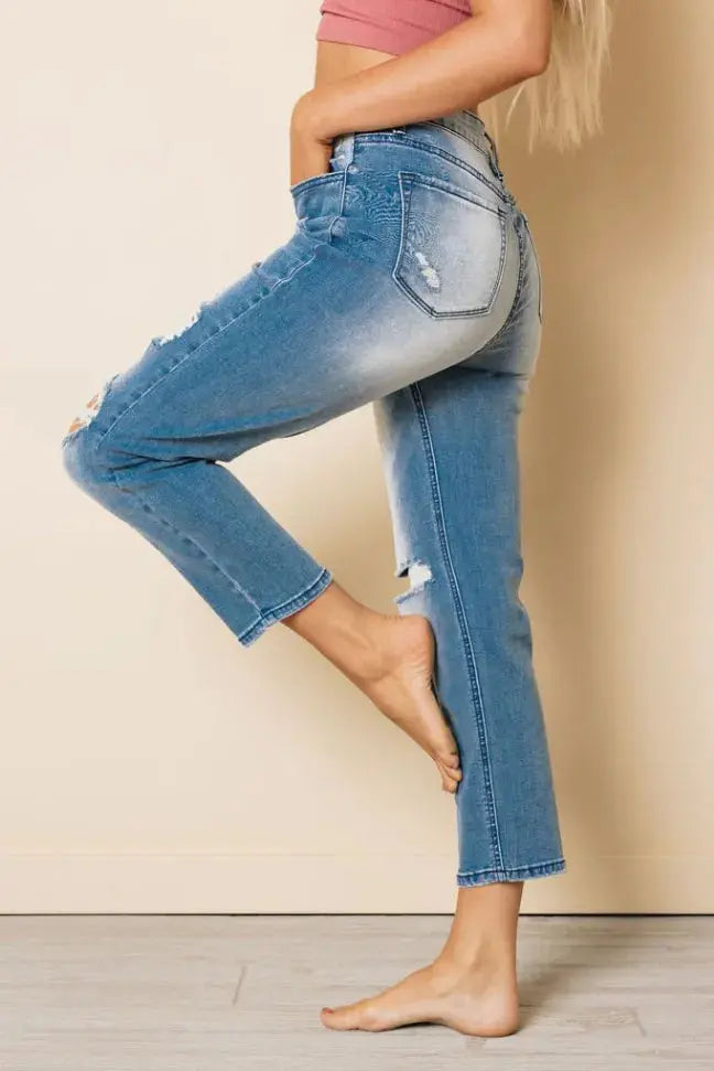 Carmine High Rise Distressed Denim Pants Stay Warm in Style