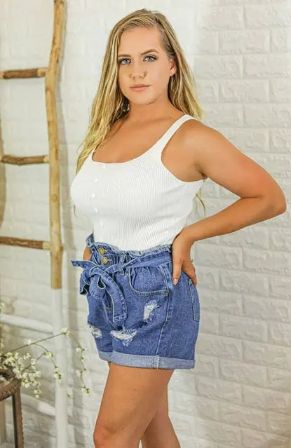 Carmy Sleeveless Scoop Neck Button Detail Knit Top White SurelyMine