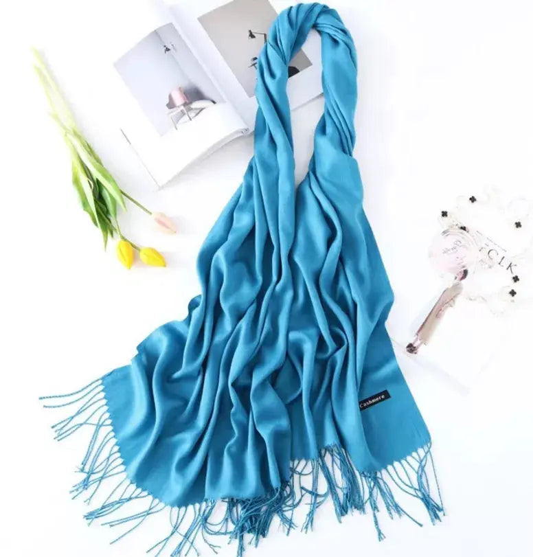 Cashmere Blend Extra Long Scarf - Turquoise Scarves & Fedora
