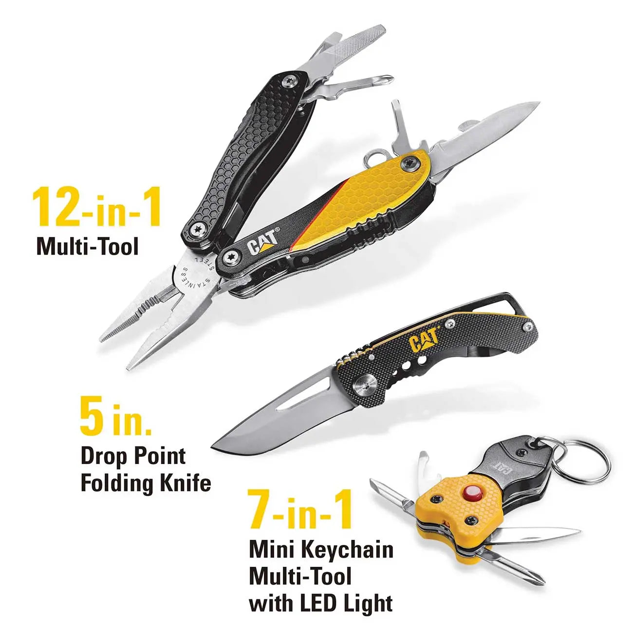 Black and yellow 12-in-1 multi-tool, 5-inch folding knife, and 7-in-1 keychain tool with LED light. Durable steel construction.