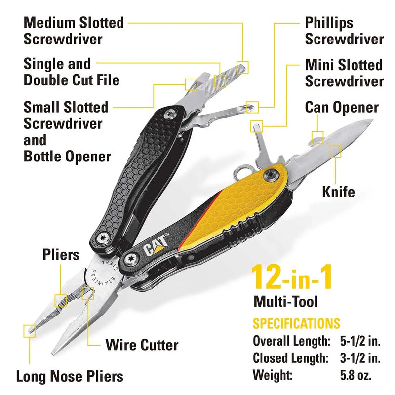 12-in-1 multi-tool with black and yellow handle, featuring pliers, screwdrivers, knife, can opener, and file.