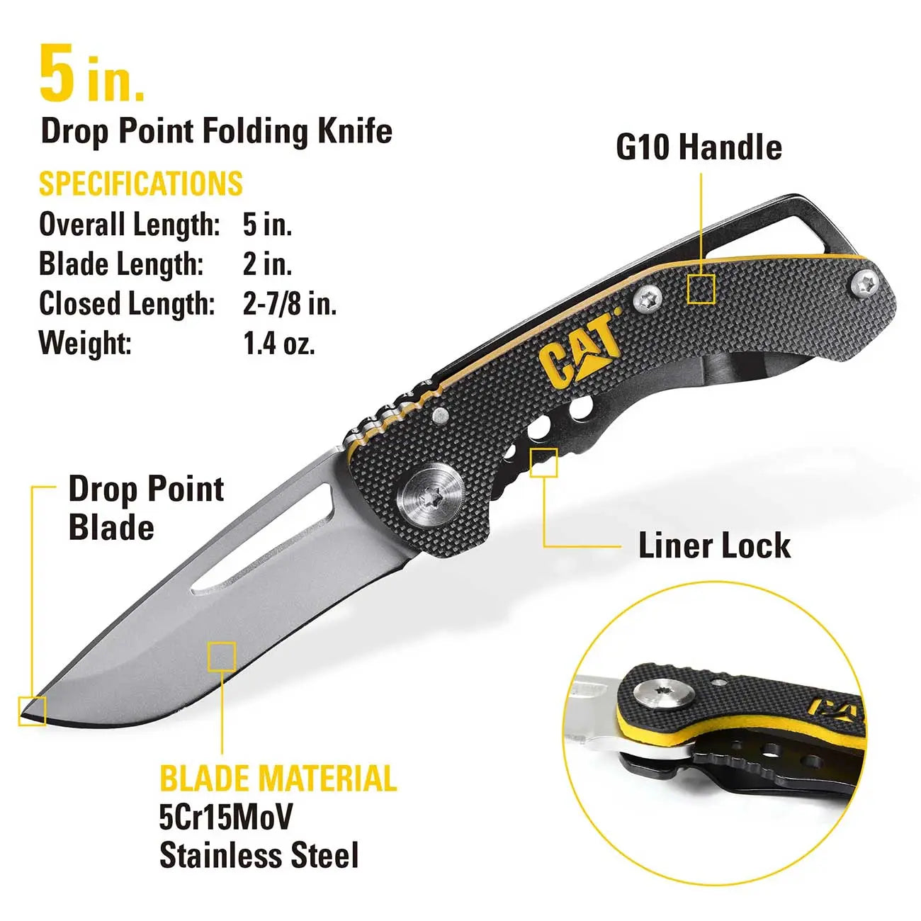 5-inch drop point folding knife with G10 handle, stainless steel blade, and liner lock. Sleek black and yellow design.