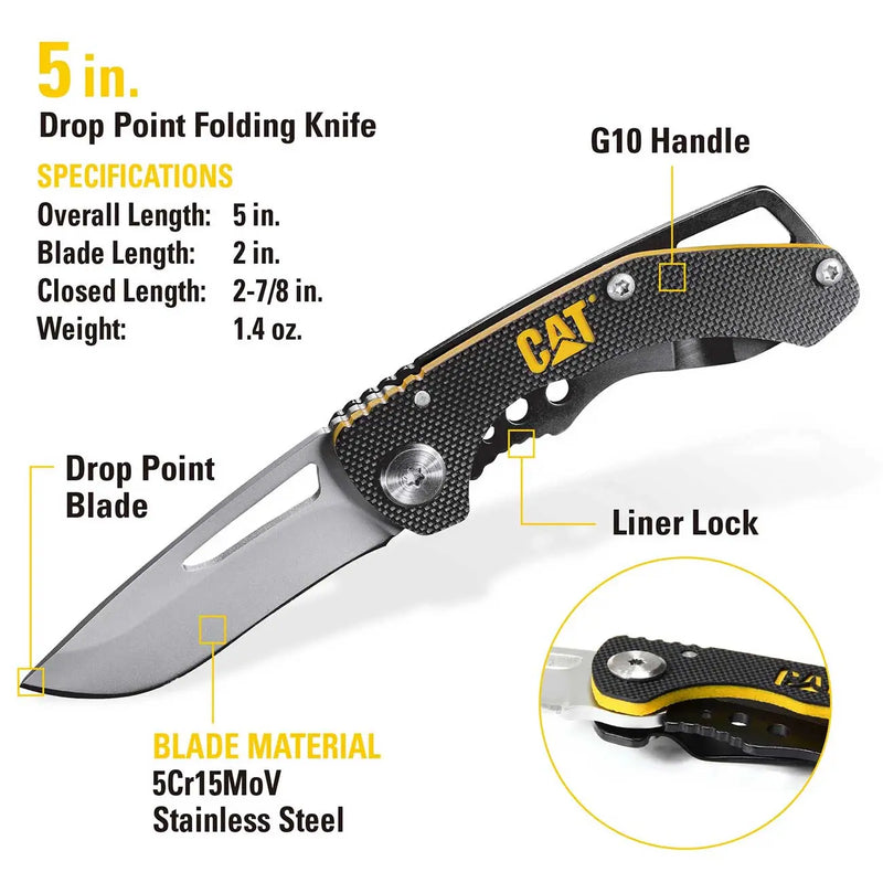 5-inch drop point folding knife with G10 handle, stainless steel blade, and liner lock. Sleek black and yellow design.