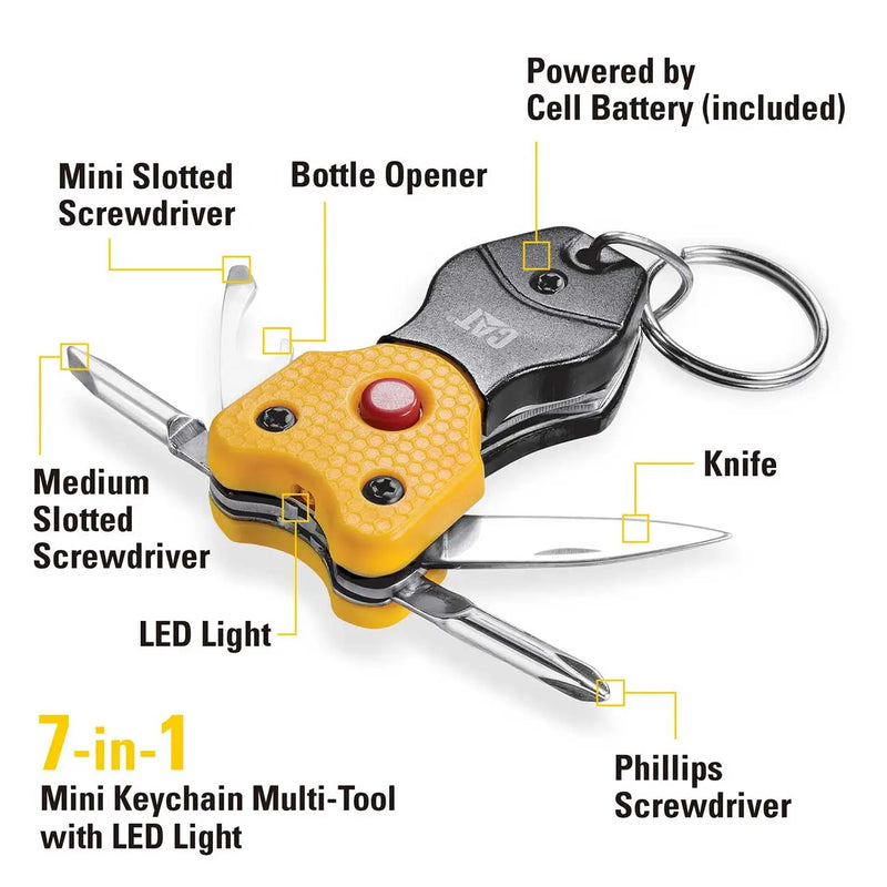 7-in-1 mini keychain multi-tool in black and yellow with knife, screwdrivers, bottle opener, and LED light.