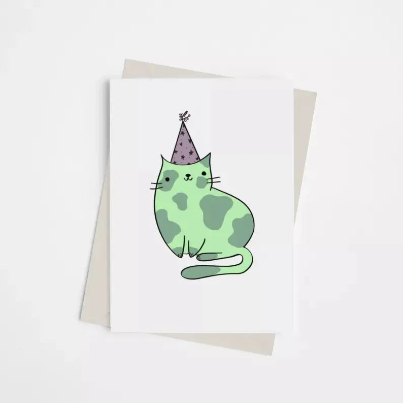 Cat with Party Hat - Greeting Card Black Cat Bazaar