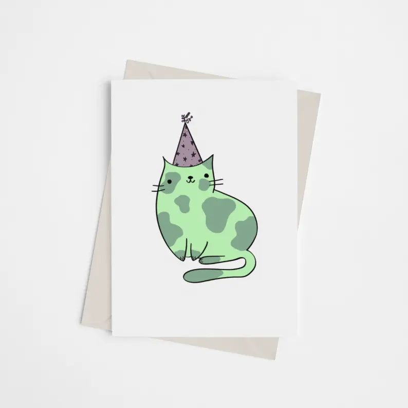 Cat with Party Hat - Greeting Card Black Cat Bazaar