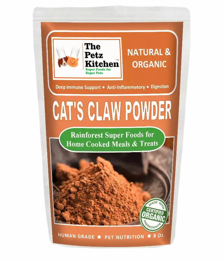 Organic Cat's Claw Powder in a brown and white package, 8 oz, for immune support and pet nutrition.