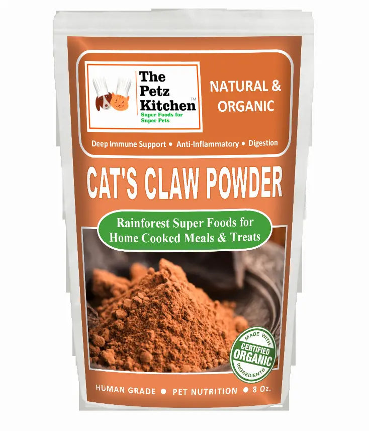 Organic cat's claw powder in a resealable 8 oz bag, brown color, for pet nutrition and digestive health.