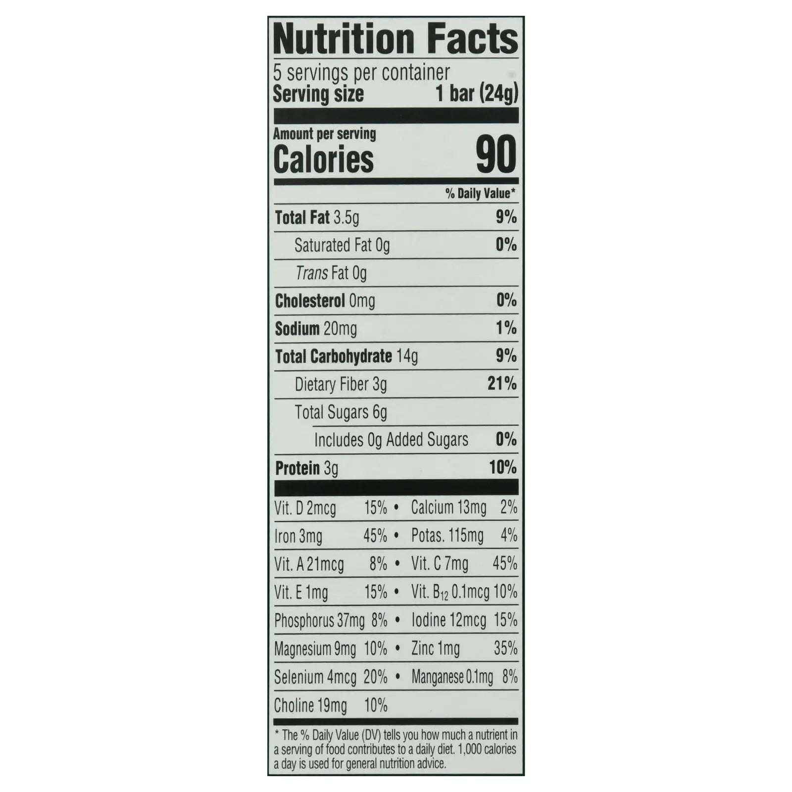 Nutrition facts label for a protein bar, featuring 90 calories per serving with detailed nutritional breakdown.