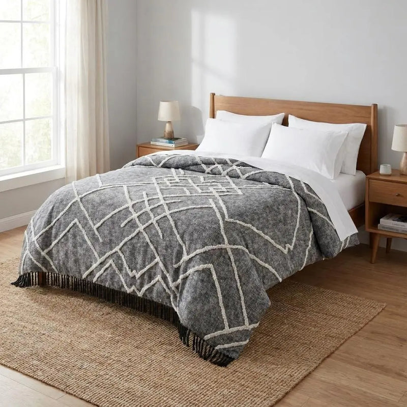 Charcoal and Off White Geometric Twin Cotton Coverlet With Fringe Homeroots Bed & Bath