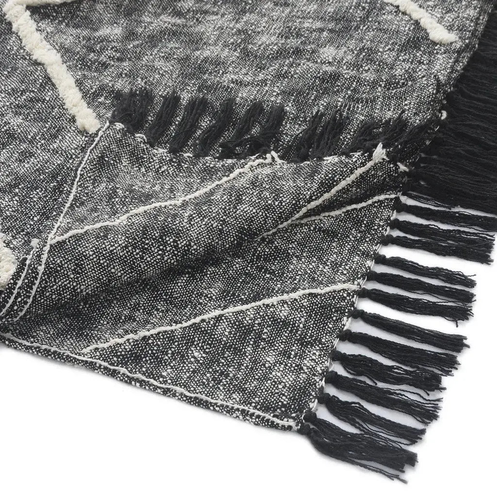 Charcoal and Off White Geometric Twin Cotton Coverlet With Fringe Homeroots Bed & Bath