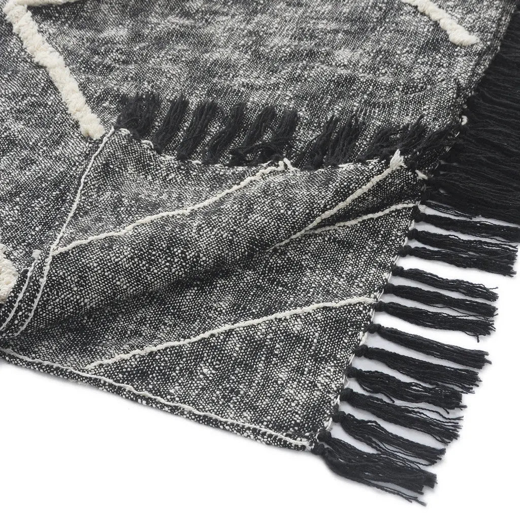 Charcoal and Off White Geometric Twin Cotton Coverlet With Fringe Homeroots Bed & Bath
