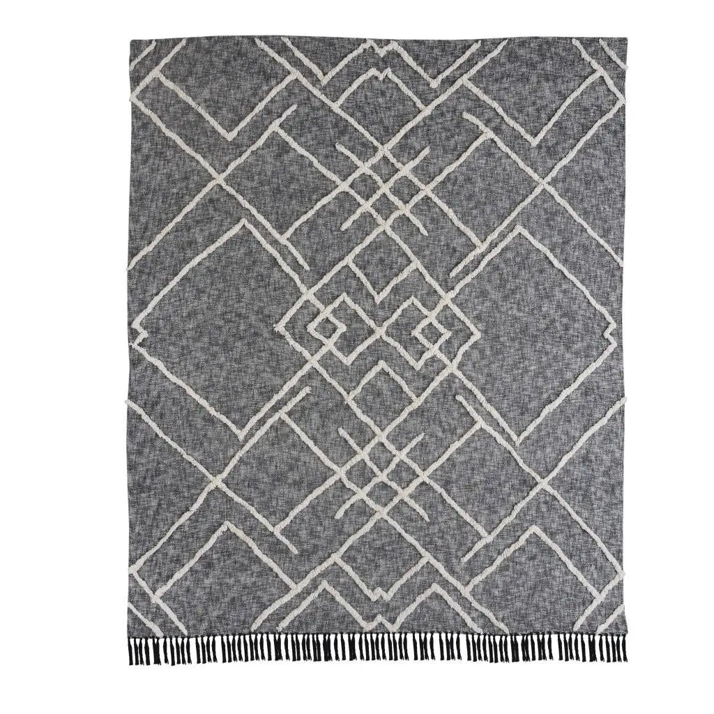 Charcoal and Off White Geometric Twin Cotton Coverlet With Fringe Homeroots Bed & Bath