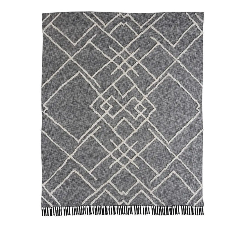 Charcoal and Off White Geometric Twin Cotton Coverlet With Fringe Homeroots Bed & Bath