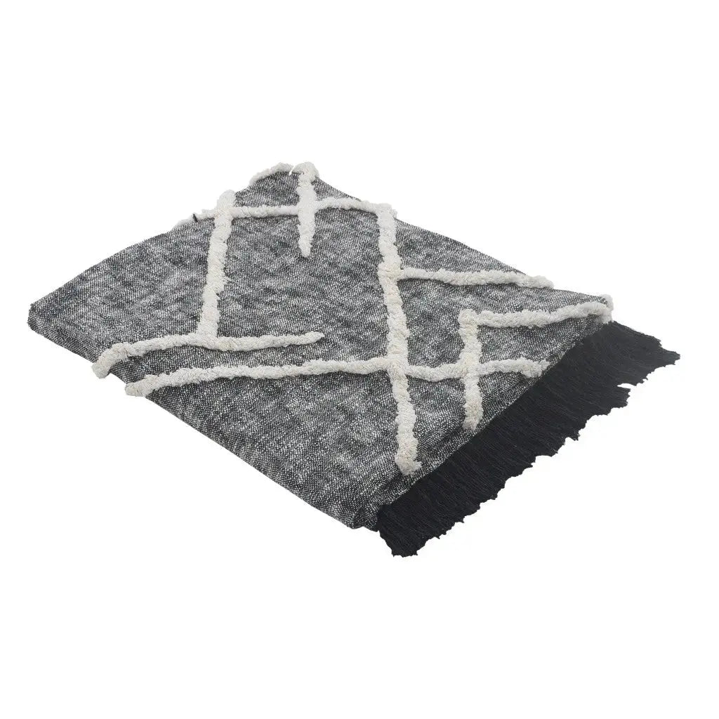 Charcoal and Off White Geometric Twin Cotton Coverlet With Fringe Homeroots Bed & Bath