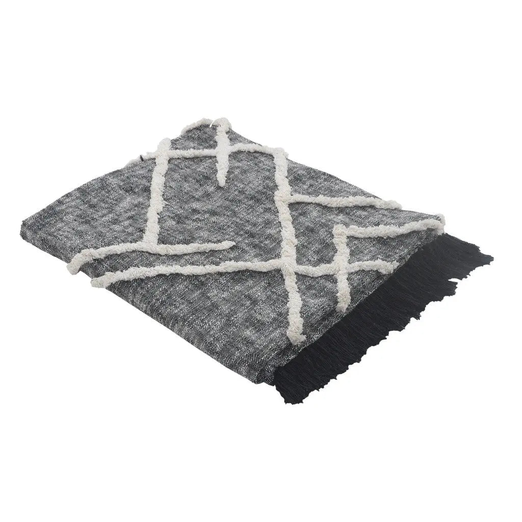 Charcoal and Off White Geometric Twin Cotton Coverlet With Fringe Homeroots Bed & Bath
