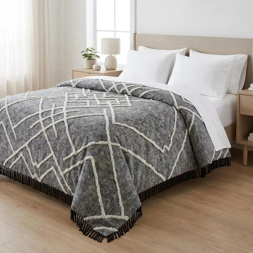 Charcoal and Off White Geometric Twin Cotton Coverlet With Fringe Homeroots Bed & Bath