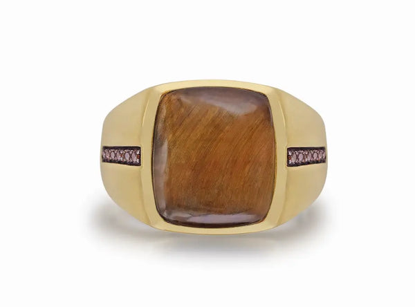 Chatoyant Yellow Tiger Eye Stone & Champagne Diamond Signet Ring in 14K Yellow Gold Plated Sterling Silver Luv My Jewelry