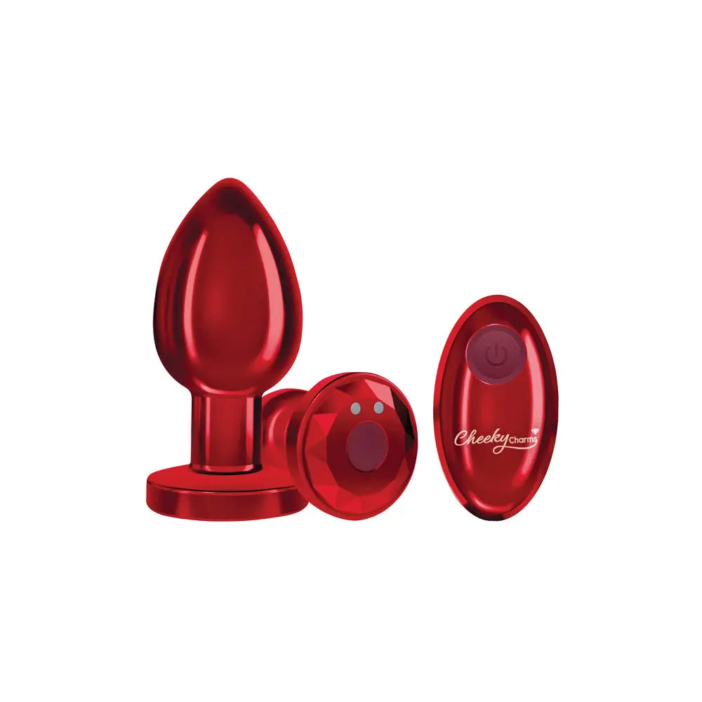 Cheeky Charms - Rechargeable Vibrating Metal Butt Plug With Remote Control - Red - Large - GreatEagleInc
