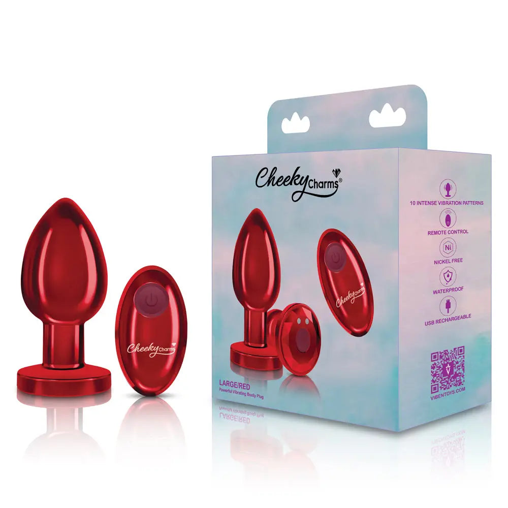 Cheeky Charms - Rechargeable Vibrating Metal Butt Plug With Remote Control - Red - Large - GreatEagleInc