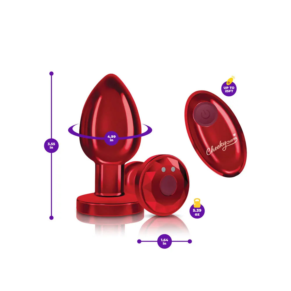 Cheeky Charms - Rechargeable Vibrating Metal Butt Plug With Remote Control - Red - Large - GreatEagleInc