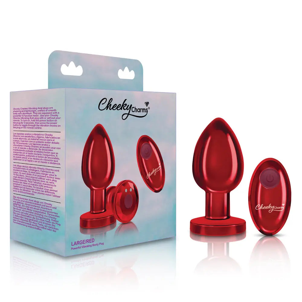 Cheeky Charms - Rechargeable Vibrating Metal Butt Plug With Remote Control - Red - Large - GreatEagleInc