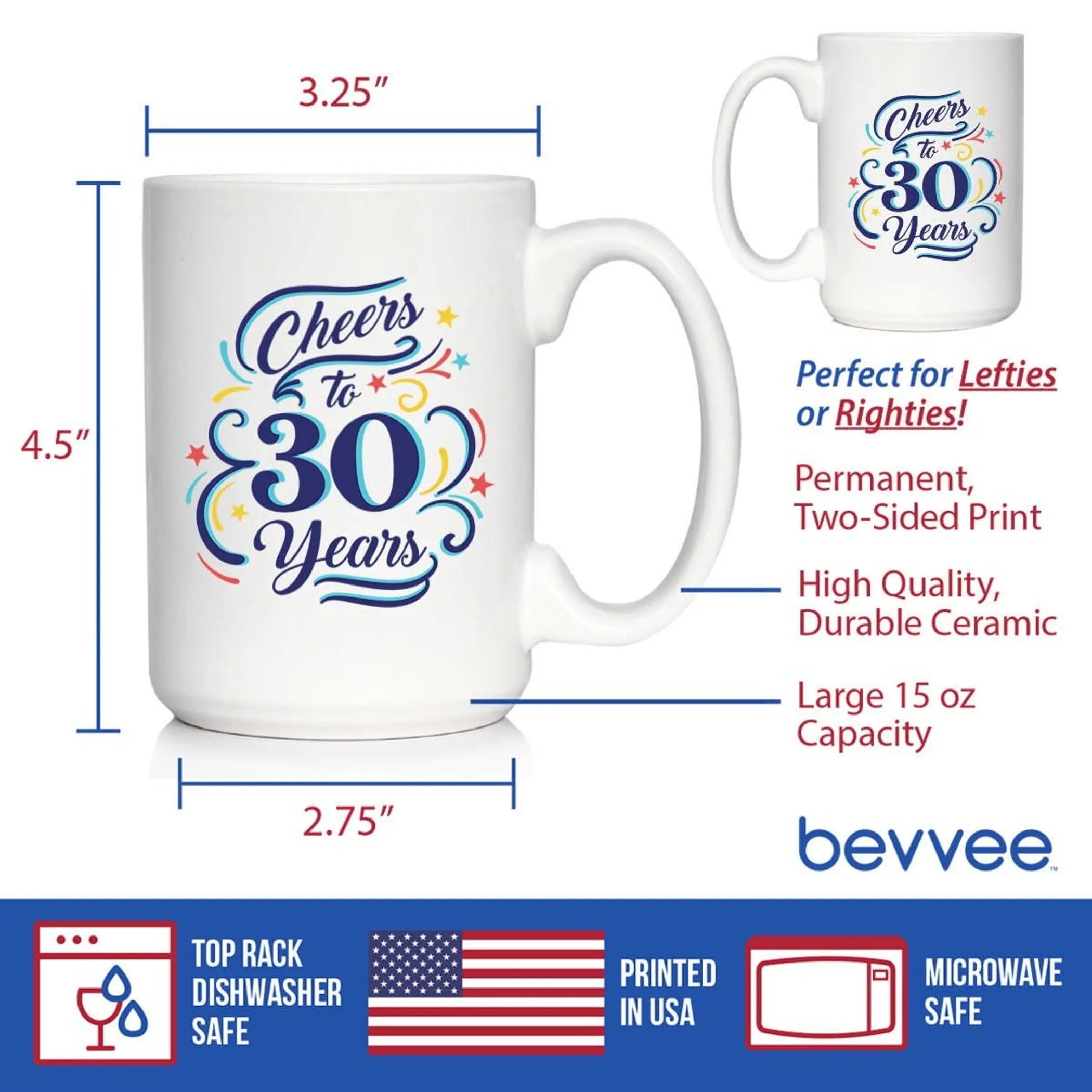 Cheers 30  Coffee Mug - 30th Anniversary Gifts Bevvee