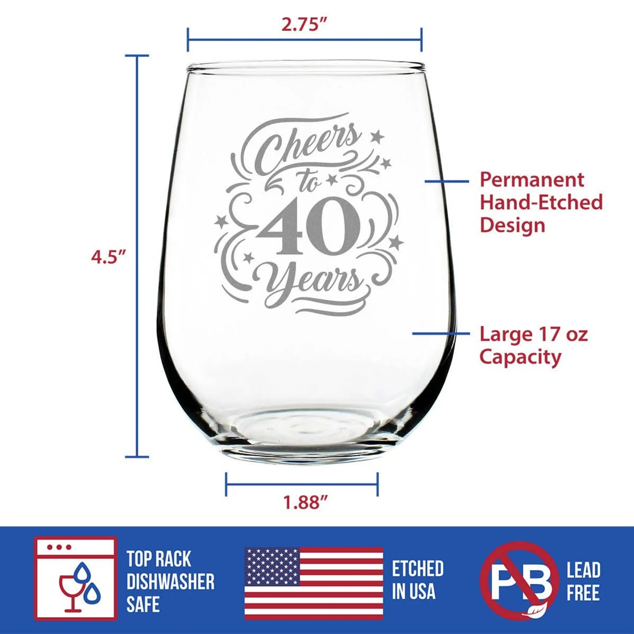 Cheers 40  Stemless Wine Glass - 40th Anniversary Gifts Bevvee