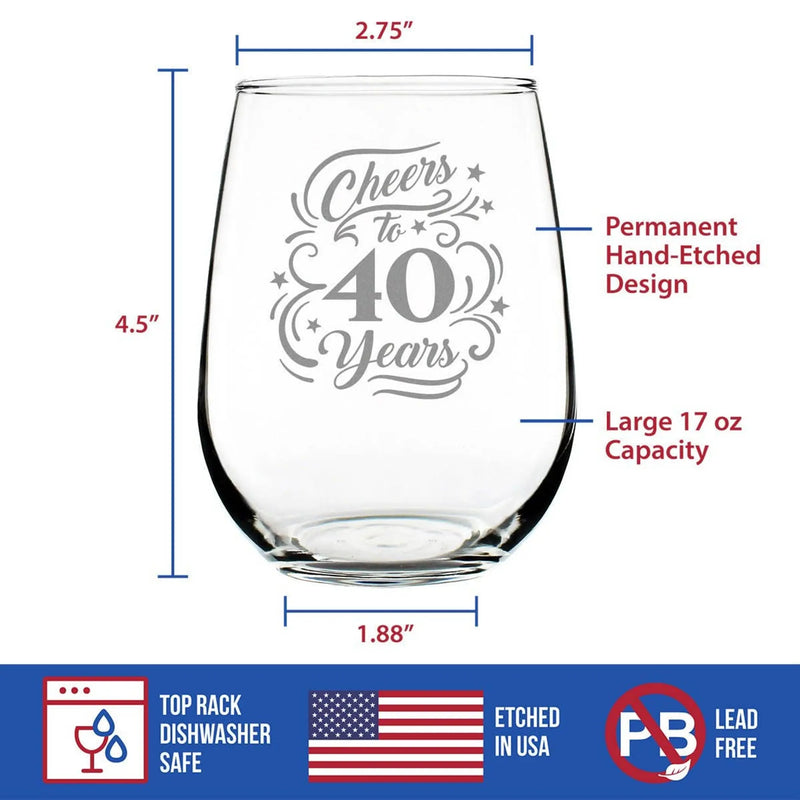Cheers 40  Stemless Wine Glass - 40th Anniversary Gifts Bevvee