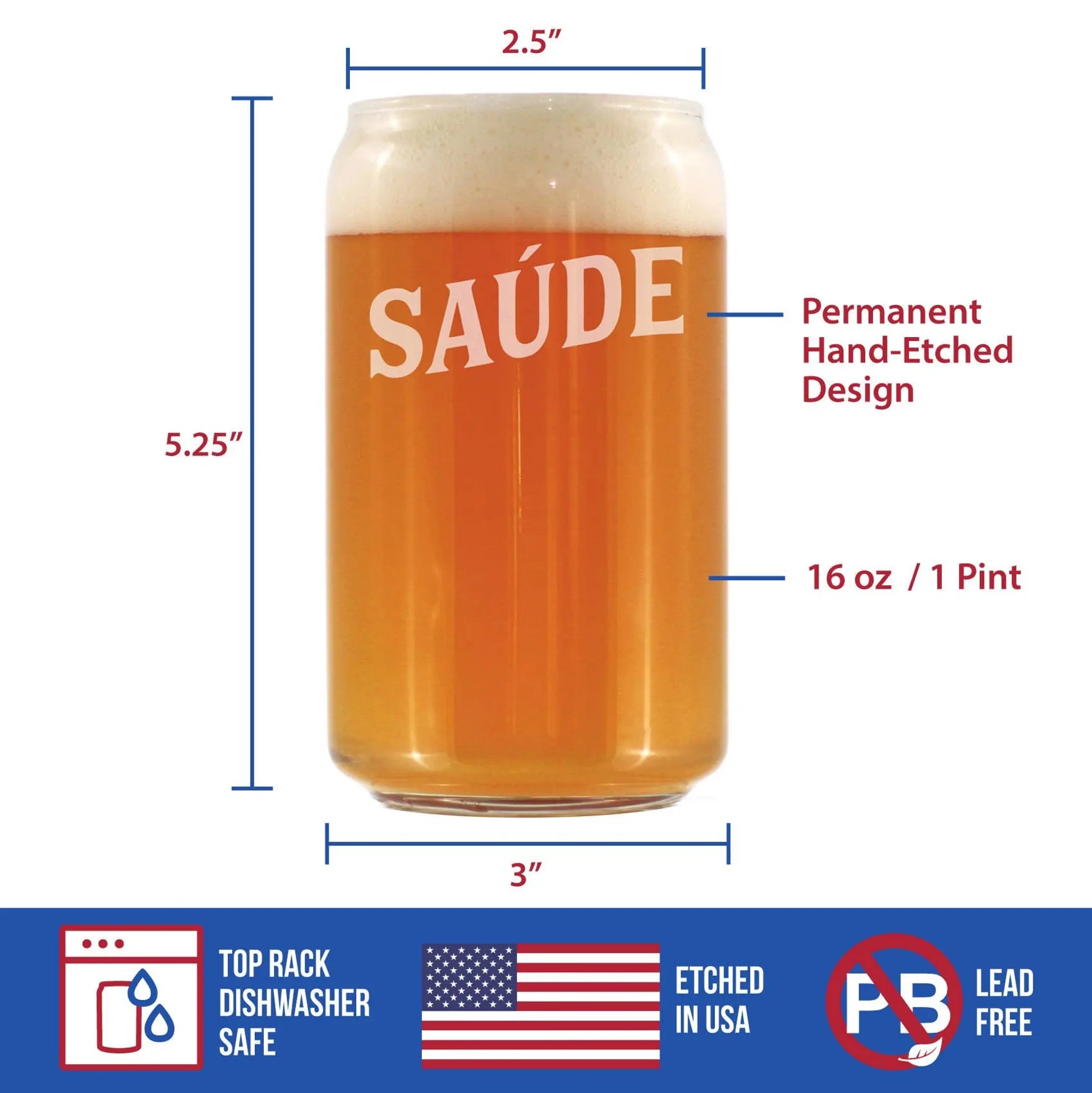 Cheers Portuguese Saude Beer Can Pint Glass - Brazil Gifts Bevvee