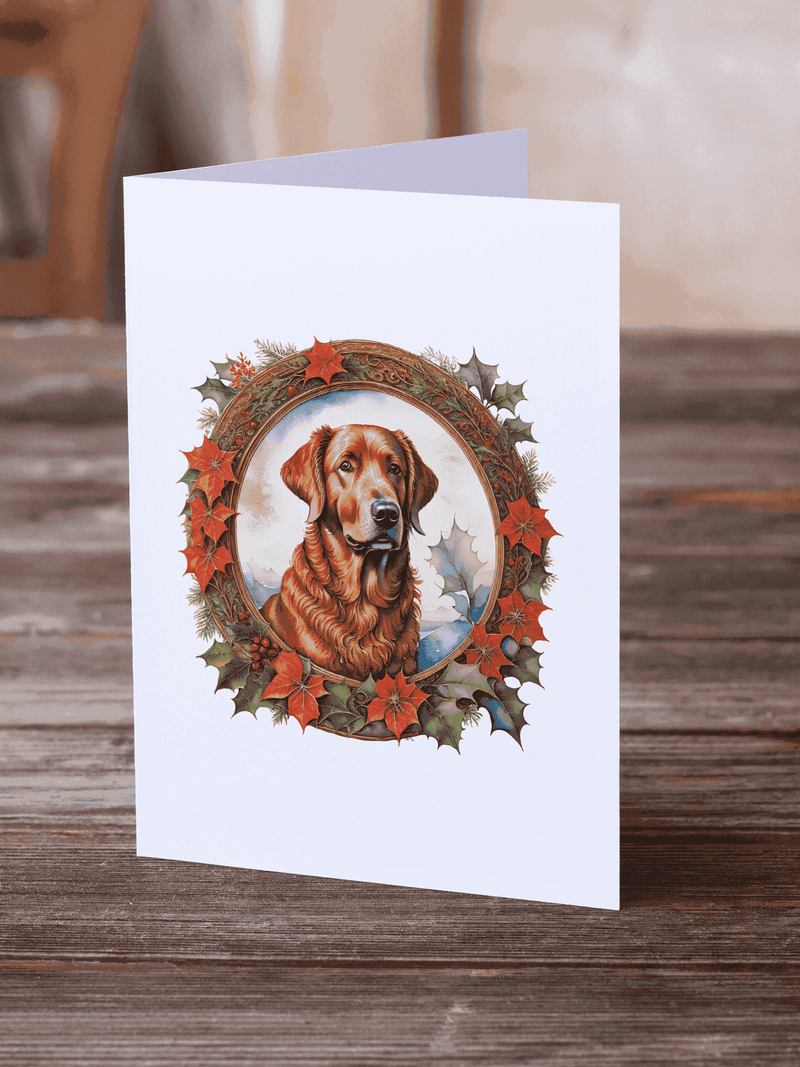 Golden retriever holiday card featuring a festive wreath design with red poinsettias and green holly.