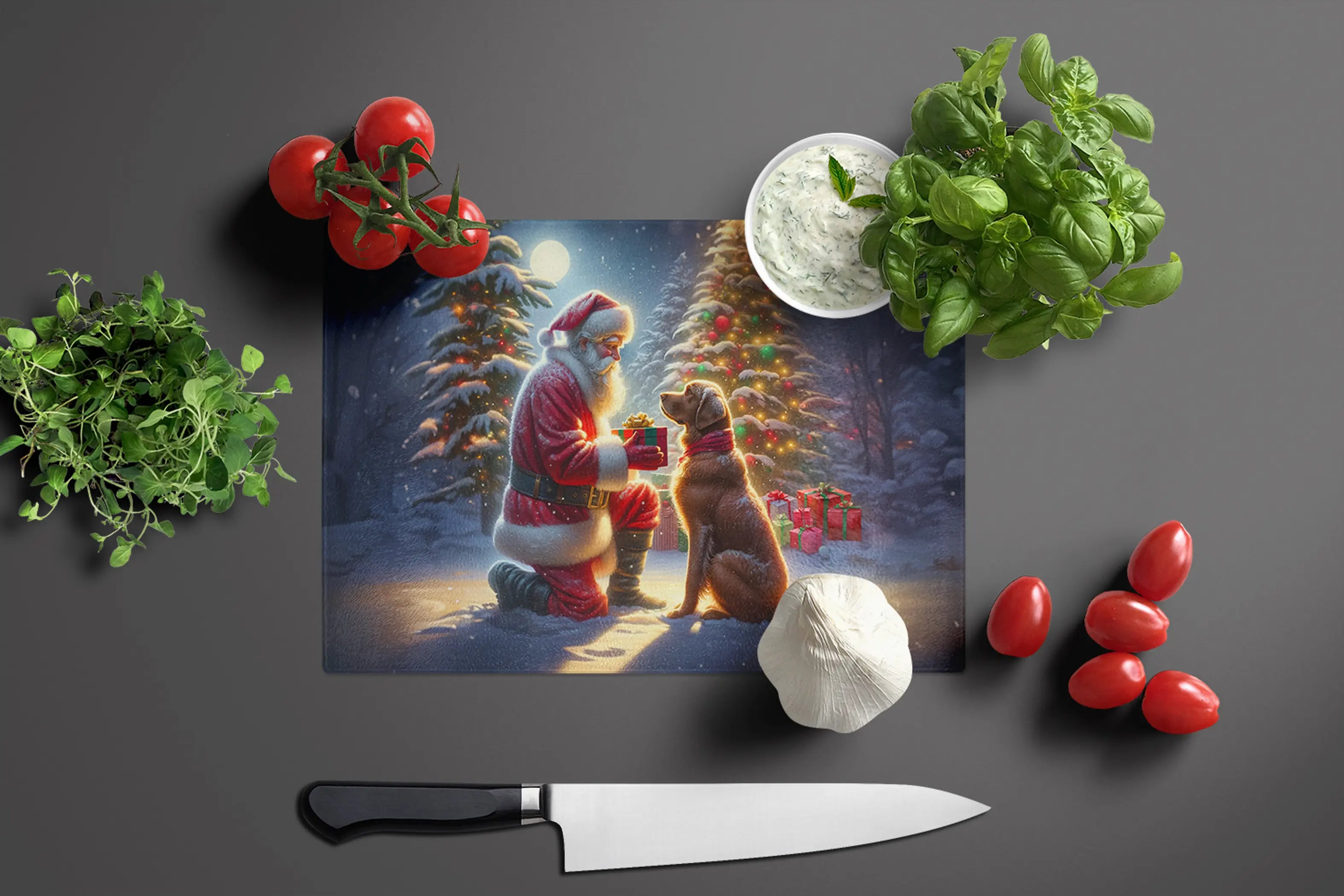 Chesapeake Bay Retriever and Santa Claus Glass Cutting Board Caroline's Treasures