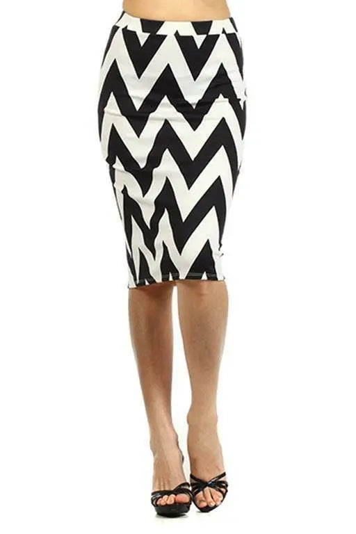 Chevron Striped Fitted Pencil Skirt With High Waist Black SurelyMine