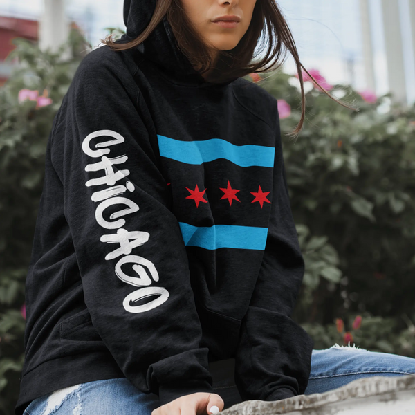 Chicago Flag Hoodie - Graffiti Black Cat Bazaar