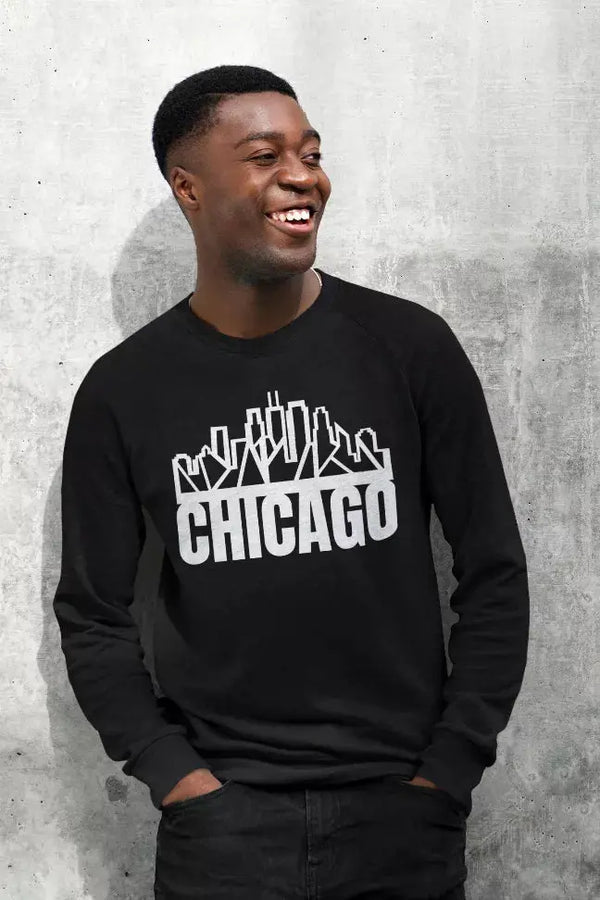 Chicago Skyline Crewneck with "Chicago" Text Black Cat Bazaar